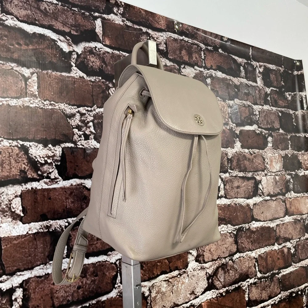 TORY BURCH Backpack Taupe Brown Leather Flap Top Drawstring Adjustable Straps
